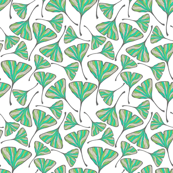 银杏绿叶无缝图案矢量设计 自然元素手绘风格在孤立的白色背景上 用于织物 墙纸和包装纸 — 图库矢量图片