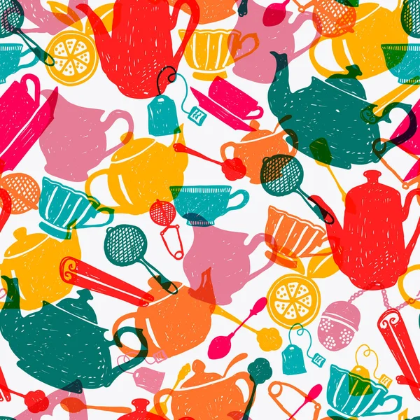 茶时间多色无缝图案矢量设计 色彩斑斓的厨房元素手绘白色背景风格 用于织物 墙纸和包装纸 — 图库矢量图片
