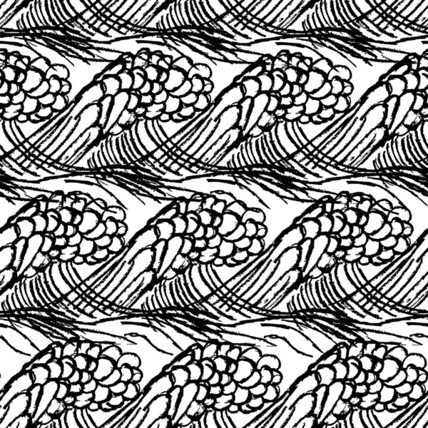Океанский Волновой Эскиз Плавного Рисунка Вектора Шаблона Монохромные Природные Элементы — стоковый вектор