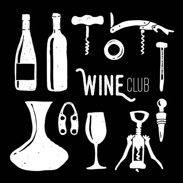 Design Vectoriel Doodle Club Vin Noir Blanc Éléments Cuisine Monochromes — Image vectorielle