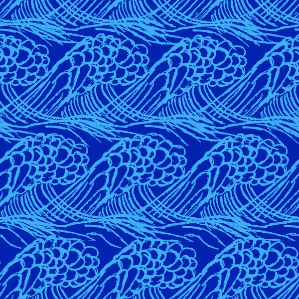 手描きスタイルのシームレスなパターンベクトルデザインで海の波スケッチ 隔離された青の背景にカラフルな自然要素 包装紙の使用 — ストックベクタ