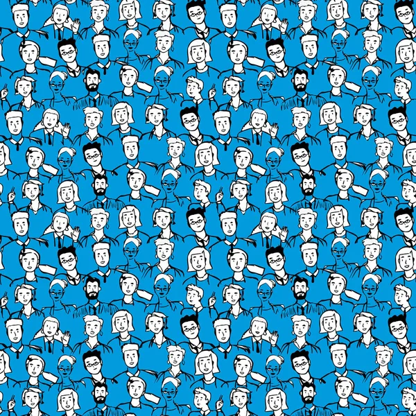 手描きで様々な人がシームレスなパターンイラストを描いています 青い孤立した背景に黒い線で描かれた男性と女性のグループがドアスタイルで描かれています 包装紙の使用 — ストックベクタ