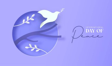 Uluslararası barış günü kağıt kesim vektör illüstrasyonunda beyaz güvercin kuşlarının mor arka planda kağıt ustası ağaç dallarında resmedilmesi. Barış, saygı, şiddet karşıtlığı ve ateşkes ideallerine adanmış günü kutlamak için grafiksel tasarım.