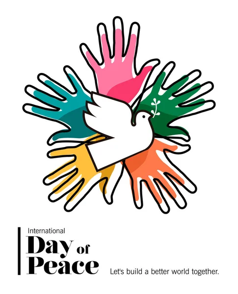Międzynarodowy Dzień Pokoju Wektor Karty Ilustracja Kolorowych Ludzi Ręce Wraz — Wektor stockowy