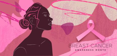 Göğüs kanseri farkındalığı ay vektör kartı şablonu. Soyut kadın silueti, renkli grunge arkaplan, satır sanatı fırçası ve metin. Ekim kampanyası konsepti, önleme veya kadın sağlık hizmetleri için şablon tasarımı.