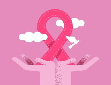 Göğüs kanseri farkındalığı ayı kart çizimi pembe kurdeleyi düz bir şekilde tutan eller. Hastalıkların önlenmesi veya Ekim ayı destek kampanyası için pembe vektör tasarımı kavramı.