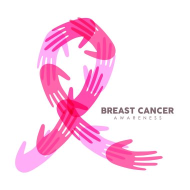 Göğüs kanseri farkındalığı ayı kart gösterimi. İzole edilmiş arka planda düz şeffaf tarzda yapılmış pembe kurdele. Hastalıkların önlenmesi veya Ekim ayında destek kampanyası için vektör tasarımı kavramı.