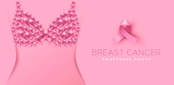 乳腺癌意识月横幅插图粉红女性身体与3D粉色缎带胸罩的设计 预防或妇女保健支助10月运动概念 免版税图库矢量图片