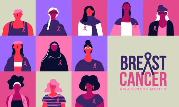 Cancro Mama Conscientização Mês Saudação Ilustração Cartão Mulheres Diferentes Culturas Ilustrações De Bancos De Imagens Sem Royalties