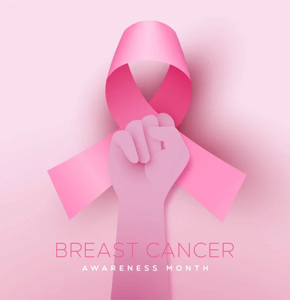 Breast Cancer Awareness Month Card Illustration Pink Ribbon Hand Fist Stock Vector