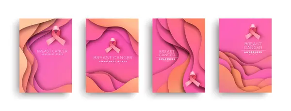 Breast Cancer Awareness Month Pink Paper Cut Greeting Card Set Vector Graphics