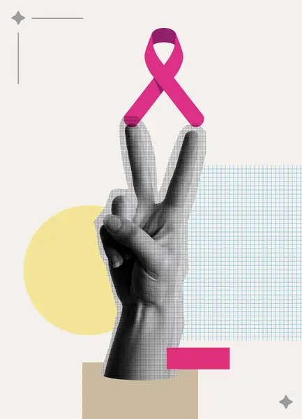 Brustkrebs Bewusstsein Monatskarte Illustration Pinkfarbene Schleife Und Hand Mit Siegeszeichen Stockvektor