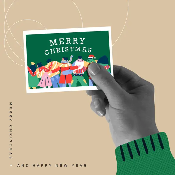 Boldog Karácsonyt Üdvözlő Kártya Illusztráció Kézifotó Különböző Baráti Csoport Együtt Stock Vektor