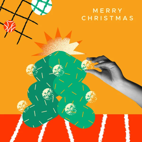 Frohe Weihnachten Grußkarte Vektor Illustration Weihnachtsbaum Kiefer Und Menschliche Hand Stockillustration