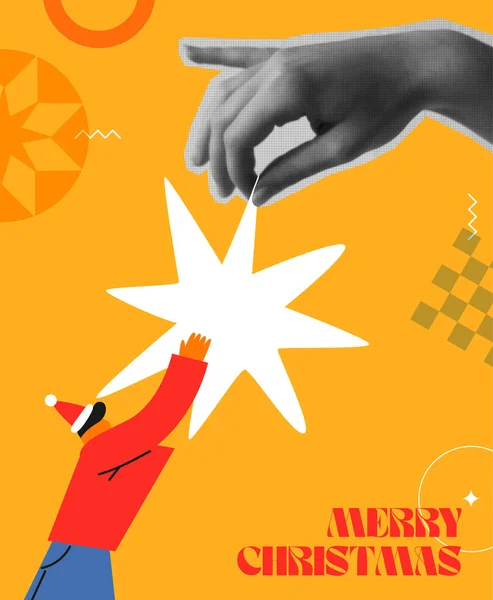 Weihnachtsgrußkarte Vektor Illustration Menschliche Hand Und Cartoon Weihnachtsmann Mit Einem Stockvektor
