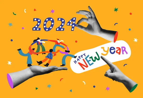 Feliz Año Nuevo 2024 Concepto Ilustración Vectorial Collage Con Manos Gráficos Vectoriales