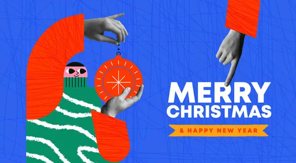 크리스마스 받으세요 인사말 일러스트 디자인과 트렌디한 하프톤 콜라주 혼합된 미디어 벡터 그래픽