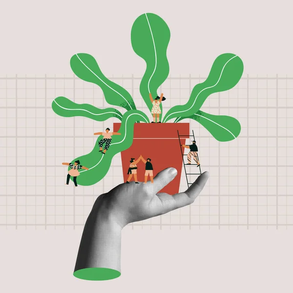 Együtt Környezetvédelmi Kártya Vektor Illusztráció Emberi Kéz Kezében Egy Zöld Stock Illusztrációk