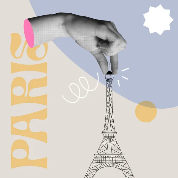 Tourismus Paris Frankreich Kartenvektorillustration Menschliche Hand Hält Einen Eiffelturm Trendiger Stockillustration