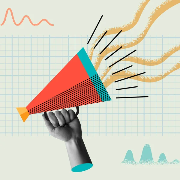 Communicatie Idee Vector Kaart Illustratie Menselijke Hand Met Een Megafoon Stockillustratie