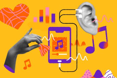 Phone music app cartoon style on yellow background. Musical player smartphone interface with headphones and audio volume decoration. Human hand and ear in retro 80s collage vector design  illustration. clipart