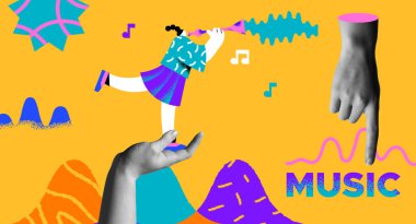 Klarnet çalan kız müzisyen ve yaratıcı müzik dekorasyonu şekilleriyle müzik konseri. İnsan elleri retro kolajda karışık medya illüstrasyonunda. Festival etkinlikleri için modern tasarım, dünya müzik günü veya müzik aleti sınıfı.
