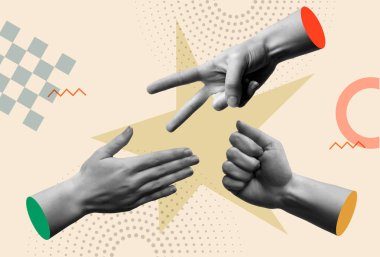 Taş kağıt ve makas oyunu olarak işaret yapan eller retro kolaj vektör illüstrasyonunda. Strateji, rekabet, takım çalışması ve eğlence için çağdaş sanat konsepti