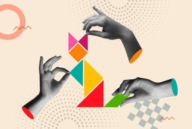 İnsan eli, retro yarım ton kolaj karışık medya vektör illüstrasyonunda tangram yapbozu oynar. Takım çalışması, ortaklık, eğlence, beyin oyunu, yaratıcılık, çözüm, başarı ve eğitim kavramı.