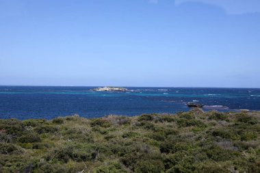 Batı Avustralya kıyılarındaki Rottnest Adası 'nın güzel kıyı görüntüsü. Temiz su, dalgalar, kireçtaşı kayaları ve bitki örtüsü gösteriliyor