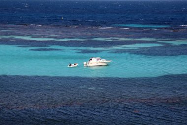 Batı Avustralya kıyılarındaki Rottnest Adası 'nın güzel kıyı görüntüsü. Temiz su, dalgalar, kireçtaşı kayaları ve bitki örtüsü gösteriliyor