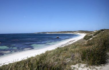 Batı Avustralya kıyılarındaki Rottnest Adası 'nın güzel kıyı görüntüsü. Temiz su, dalgalar, kireçtaşı kayaları ve bitki örtüsü gösteriliyor