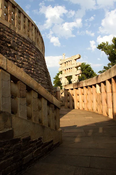 Vista Circular Pedra Pavimentada Corredor Stupa Sanchi Perto Bhopal Madhya — Fotografia de Stock