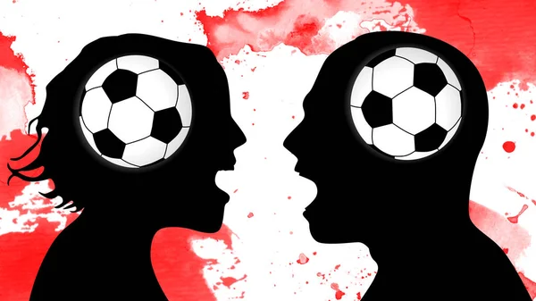 カタールサッカーワールドカップ2022 サッカー サッカー 男性と女性のファンは叫び チームを応援 ベクターシルエット — ストック写真