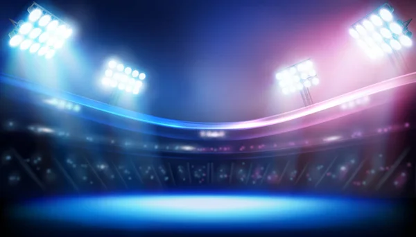 Яскраві Прожектори Спортивному Стадіоні Показувати Сцені Легка Продуктивність Синій Фон — стоковий вектор