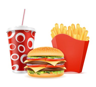 Lokanta simgeler hamburger içki patates kızartması hisse senedi vektör illüstrasyon izole beyaz arka plan üzerinde
