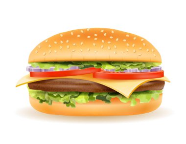 Klasik hamburger eti chop domates soğan ve bir topuz hisse senedi vektör illüstrasyon izole beyaz arka plan üzerinde beyaz peynir ile