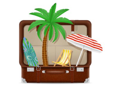 beyaz arka plan üzerinde izole bir plaj tatil konsepti stok vektör illüstrasyon için bavul ve öğeleri