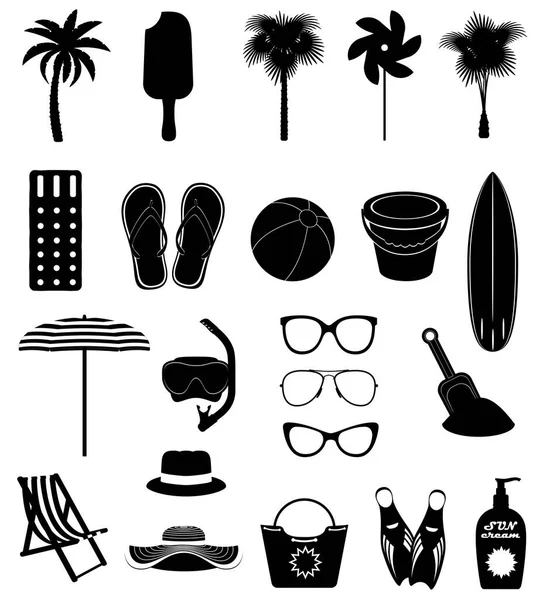 Beach Leisure Objects Black Outline Silhouette Stock Vector Illustration Isolated — Stock Vector