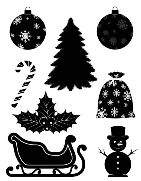 Christmas Objects Set Icons Black Outline Silhouette Stock Vector Illustration — Stock Vector