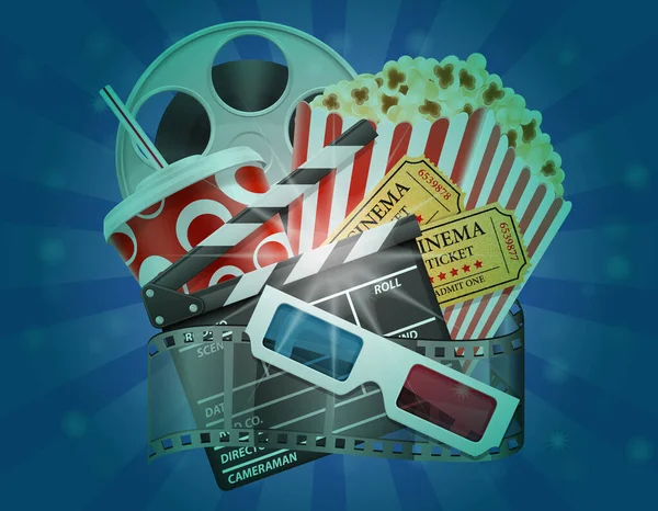 Biobiljetter Konceptet Popcorn Film Och Glasögon För Att Visa Lager — Stock vektor