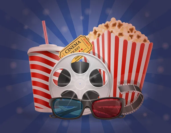Kinokonzept Popcorn Filmtickets Und Brillen Zur Betrachtung Von Vektor Bildern — Stockvektor