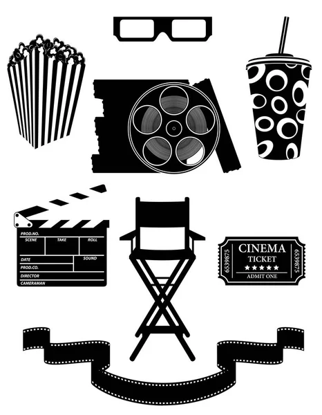 Set Cinema Icone Nero Sagoma Contorno Stock Vettore Illustrazione Isolato — Vettoriale Stock