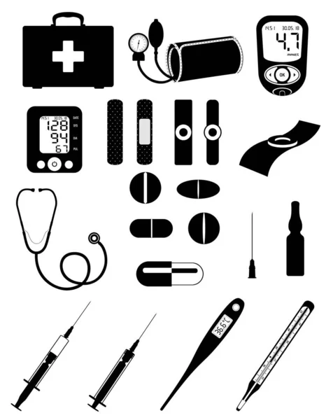医疗套装图标设备工具和对象黑色轮廓剪影股票矢量插图在白色背景下隔离 — 图库矢量图片