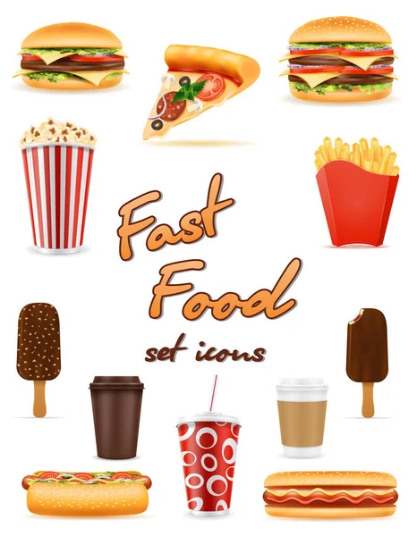 Fast Food Icônes Pizza Hamburger Boisson Frites Café Popcorn Hot — Image vectorielle