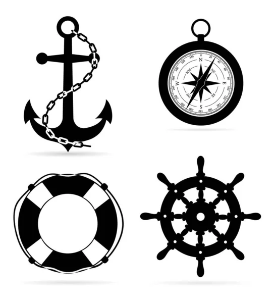 Marine Equipment Anchor Compass Lifebuoy Steering Black Outline Silhouette Stock — Stock Vector