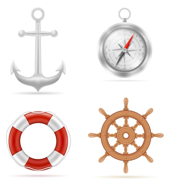Schiffsausrüstung Anker Kompass Rettungsring Steuerstock Vektor Illustration Isoliert Auf Weißem — Stockvektor