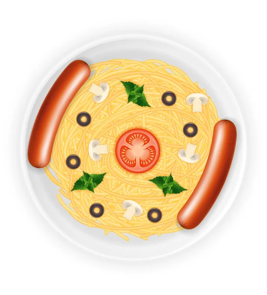 Pâtes Macaronis Cuites Spaghettis Saucisses Sur Une Assiette Avec Illustration — Image vectorielle
