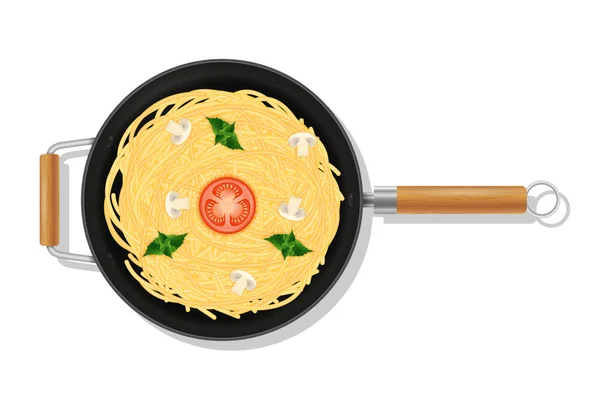 Cooked Macaroni Pasta Spaghetti Pan Wok Skillet Vegetables Stock Vector — Stock Vector