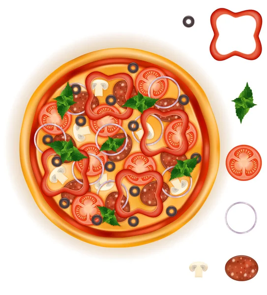 Stora Runda Pizza Med Ost Tomat Salami Olivolja Champinjon Lök — Stock vektor