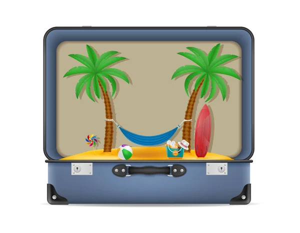 白い背景に隔離されたビーチホリデーコンセプトストックベクトルイラスト用スーツケースとアイテム — ストックベクタ